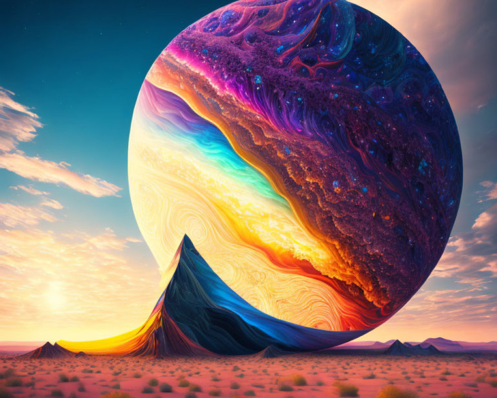 Vibrant surreal desert landscape with massive colorful planet dominating the sky