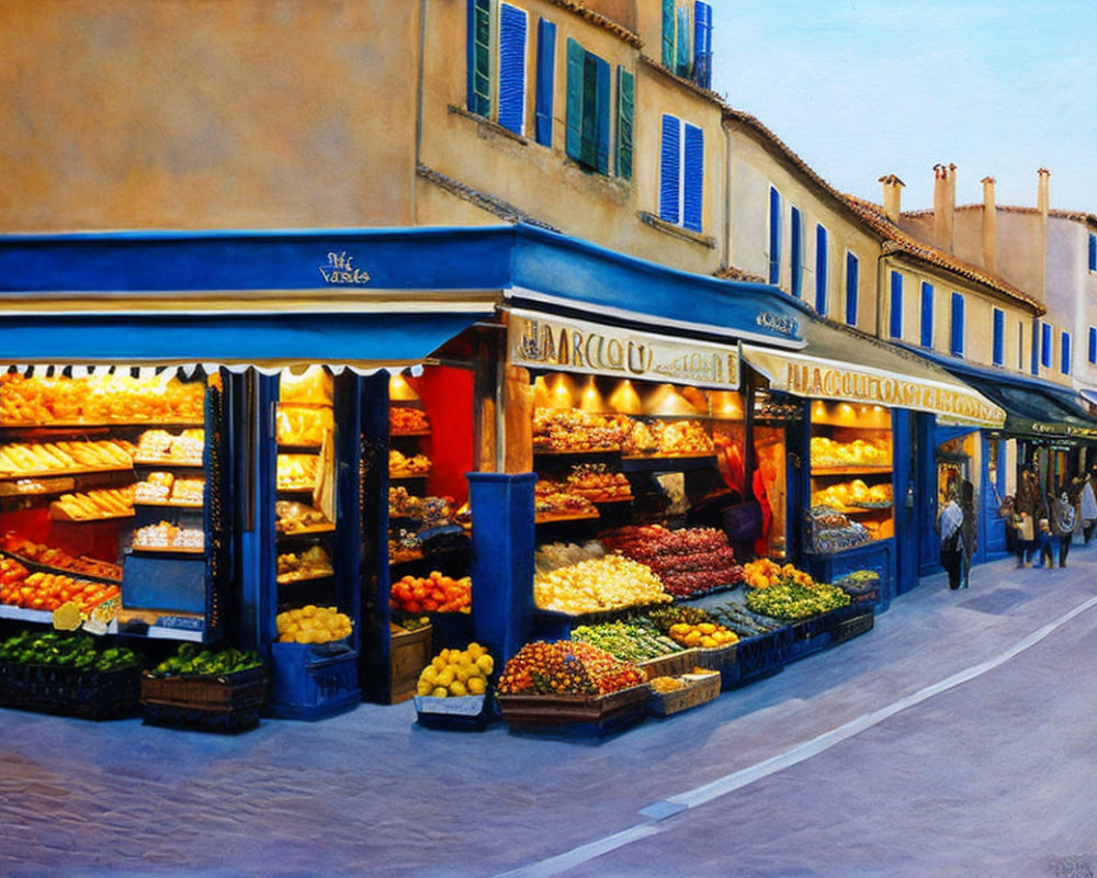 Colorful Street Market Painting with Fruit and Vegetable Stalls at Twilight