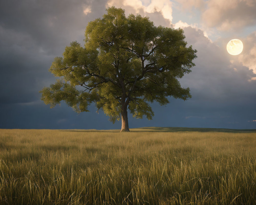 Solitary tree in golden field under dramatic sky with full moon