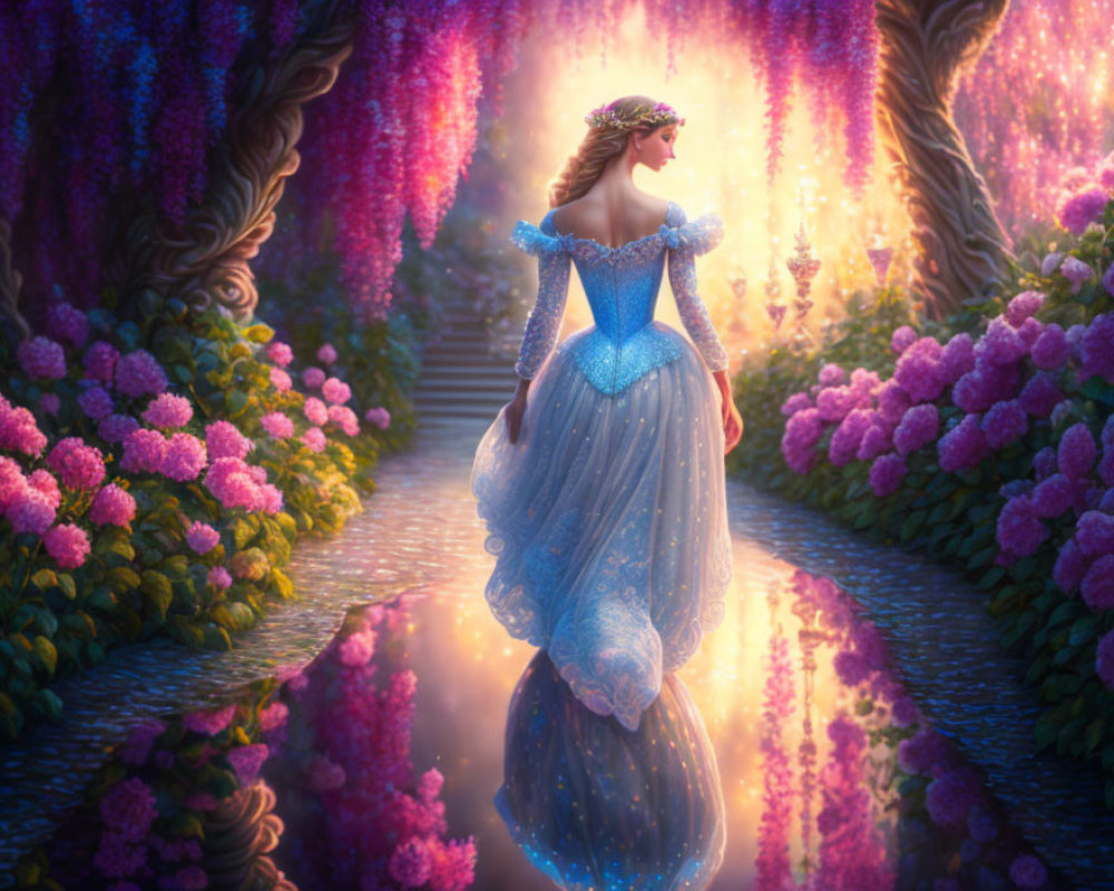 Woman in Blue Gown Strolling Through Enchanted Garden