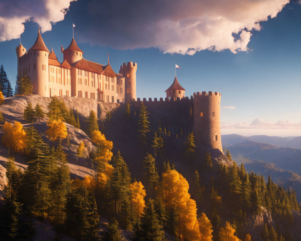 Majestic castle on hill with autumn trees and mountains in golden light