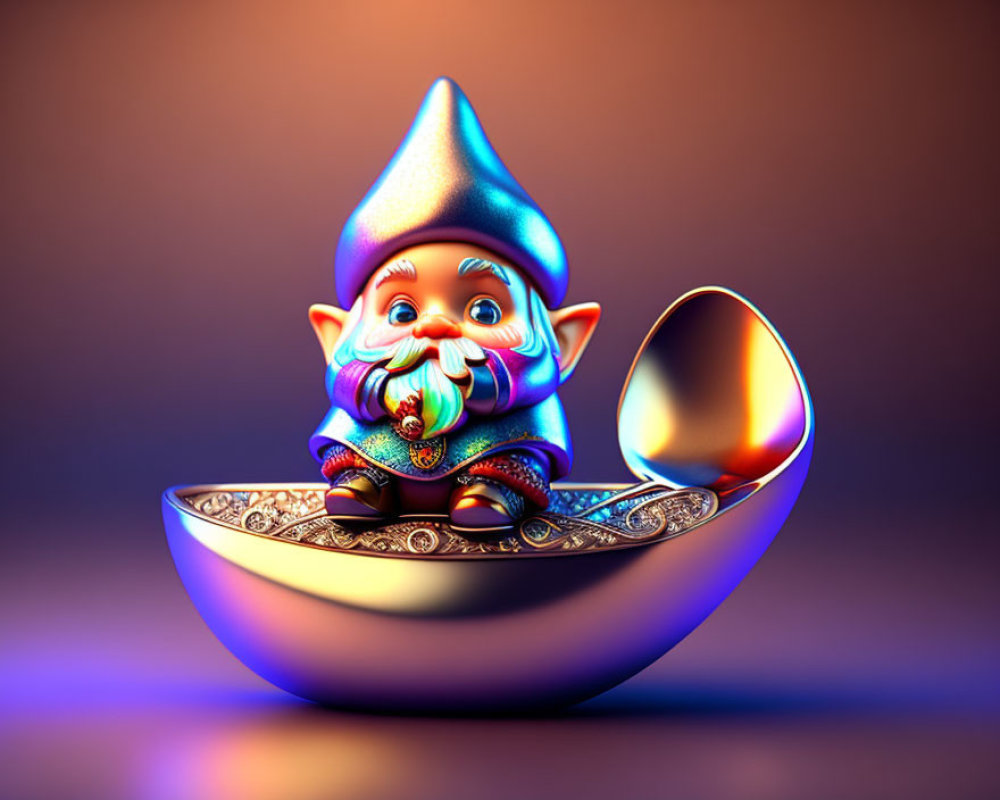 Colorful Bearded Gnome Inside Ornamental Egg on Gradient Background