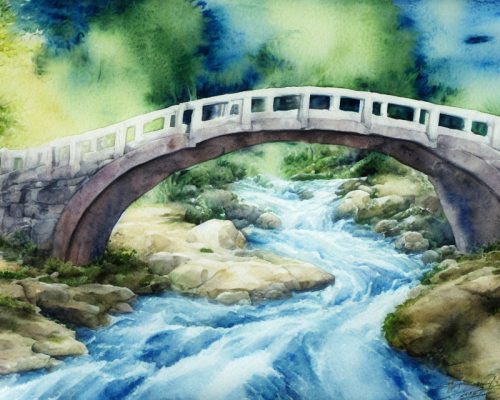 Watercolor painting of arched stone bridge over blue stream surrounded by green foliage