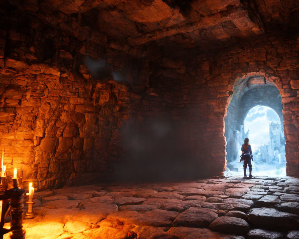 Armored figure in candle-lit stone chamber under full moon