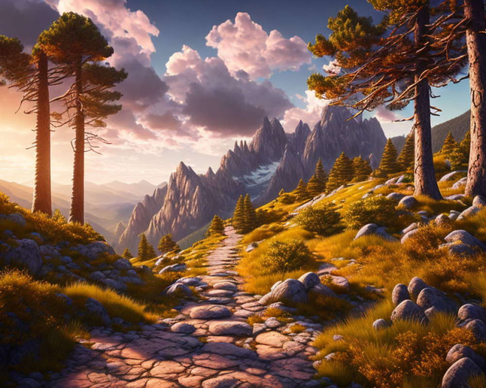 Tranquil landscape: cobblestone path, lush meadow, rugged mountains