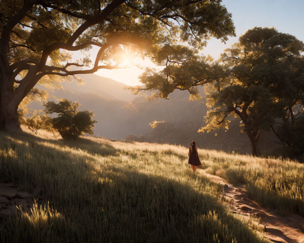 Person walking on path through lush field with tall grass and large trees in warm, golden light.