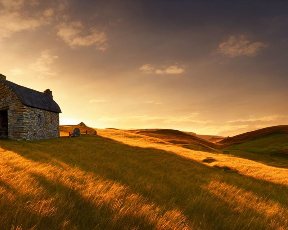 Stone Cottage in Golden Field at Sunset with Rolling Hills