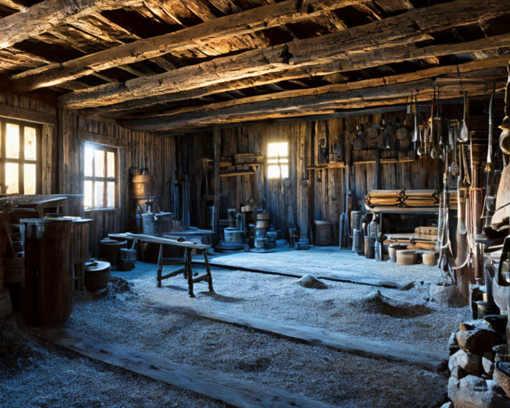 Rustic wooden cabin interior with tools and pottery and sunlight streaming through windows.