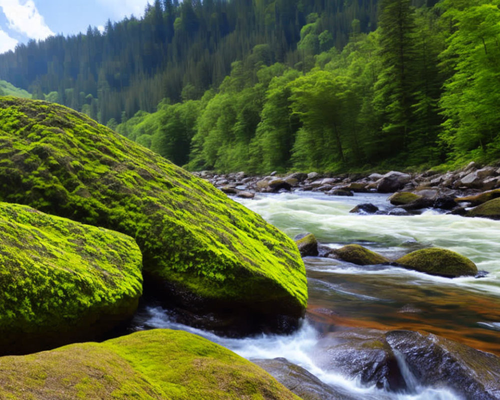 Serene forest river with moss-covered rocks under sunny sky