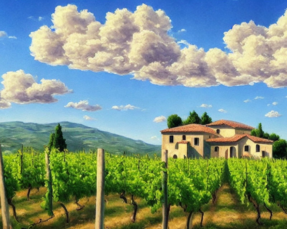 Scenic vineyard landscape with traditional villa and rolling hills