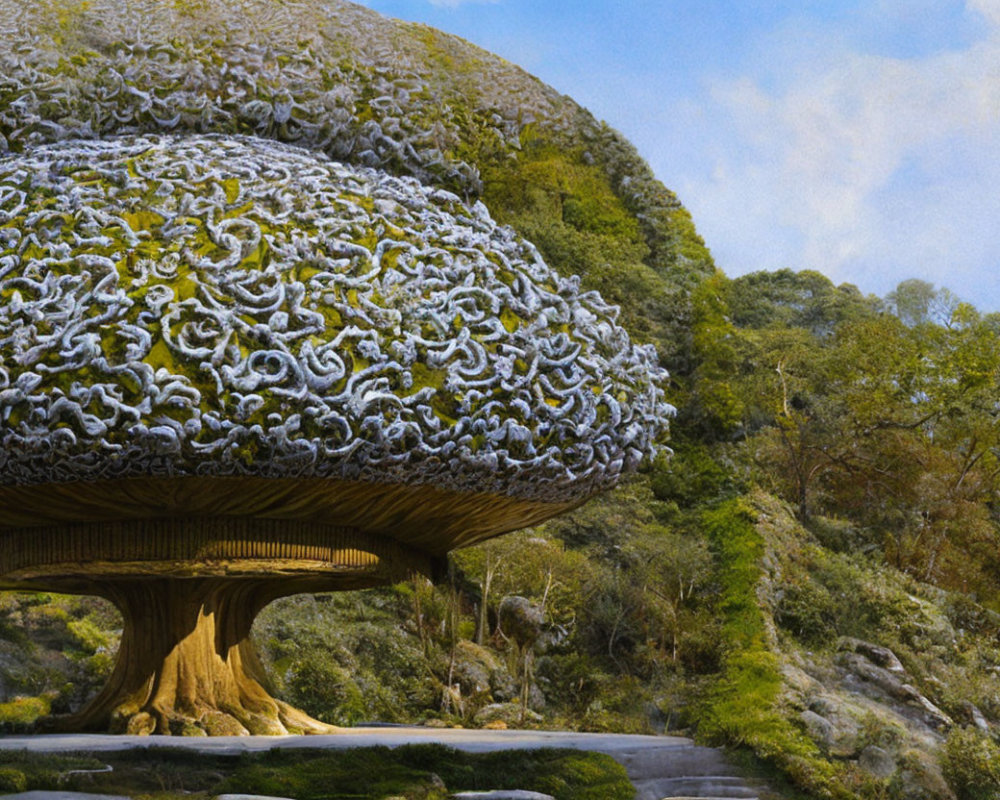 Oversized whimsical mushroom in hilly landscape