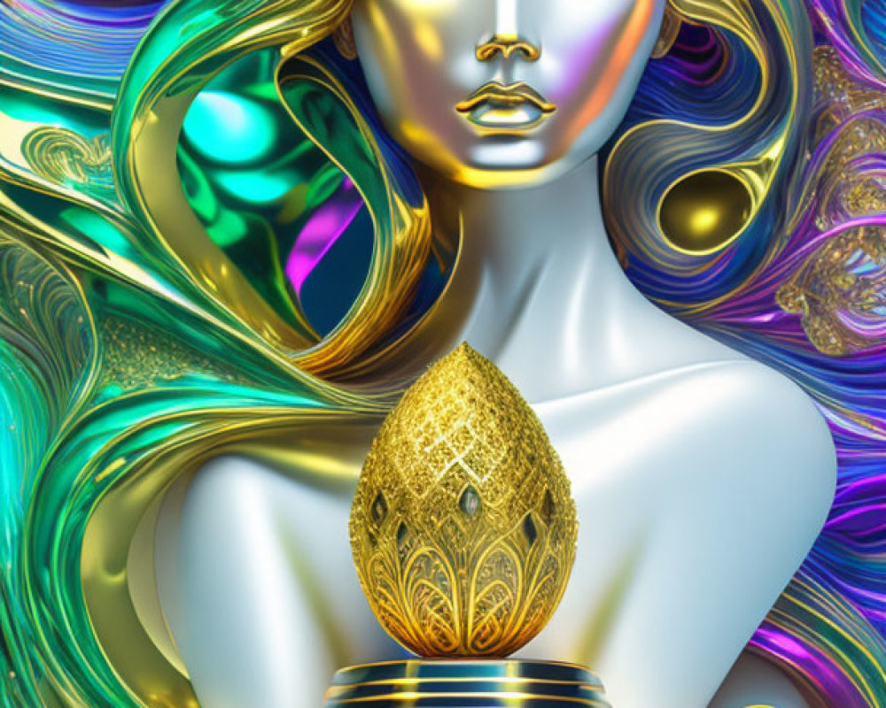 Golden humanoid figure with ornate egg in vibrant 3D surreal illustration