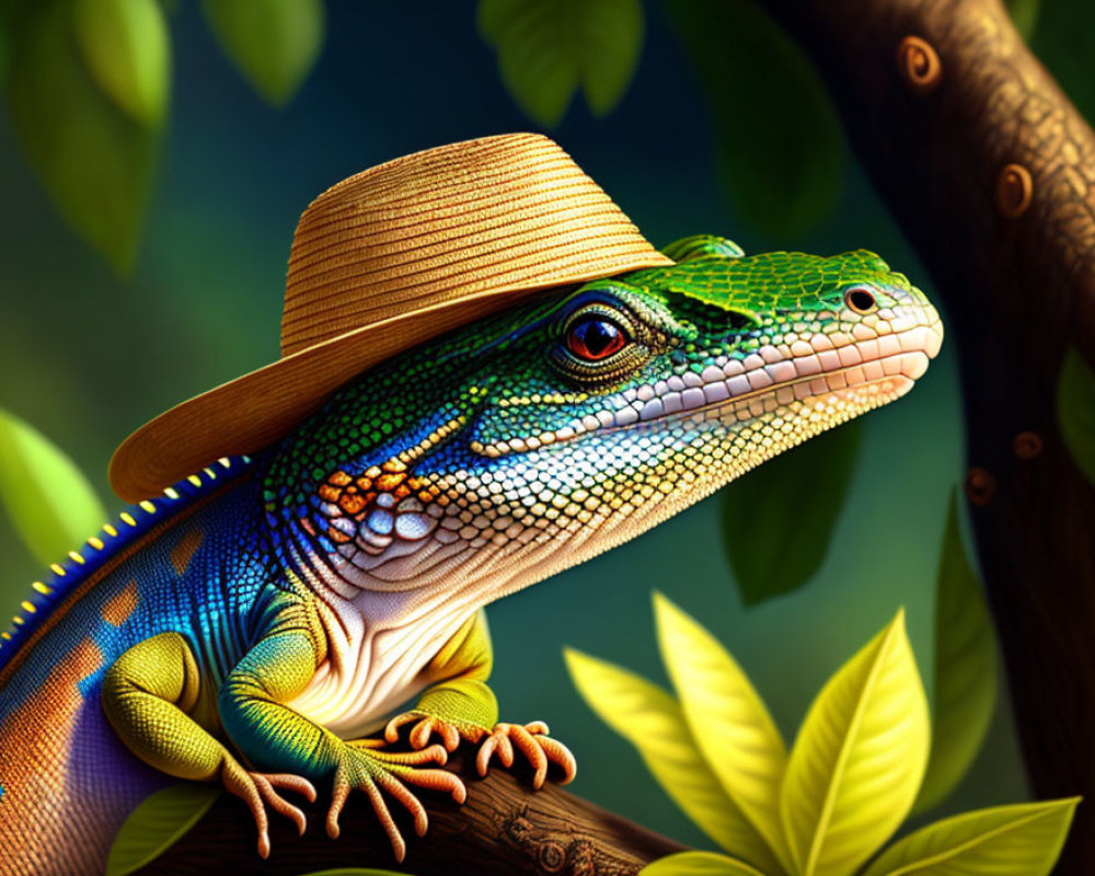 Colorful stylized lizard with straw hat on branch against green leaves