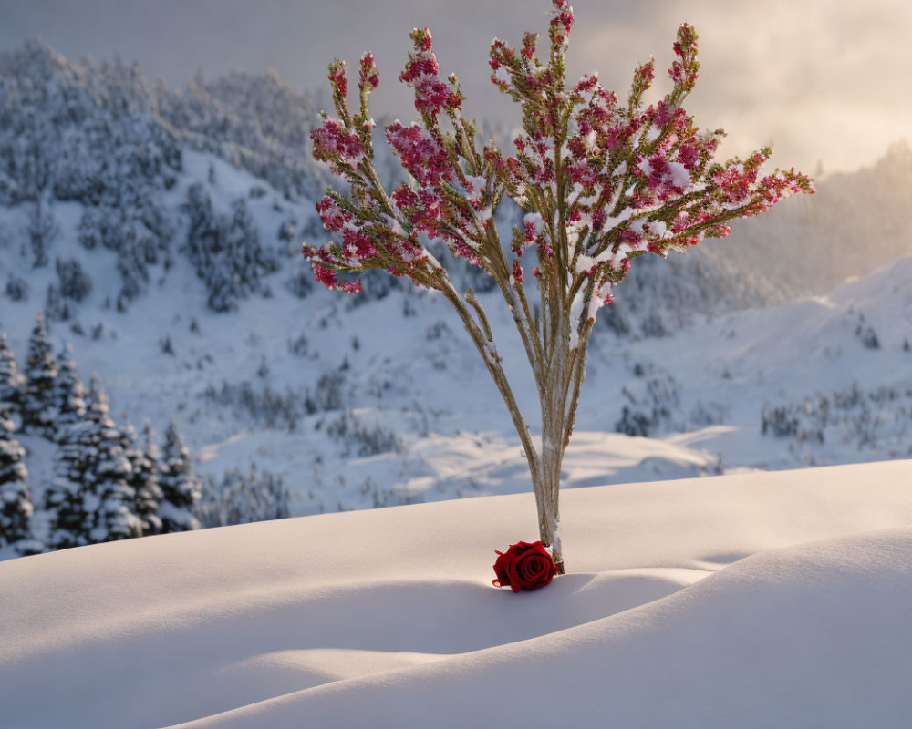 Pink Flower Bouquet with Red Rose Against Snowy Mountain Landscape