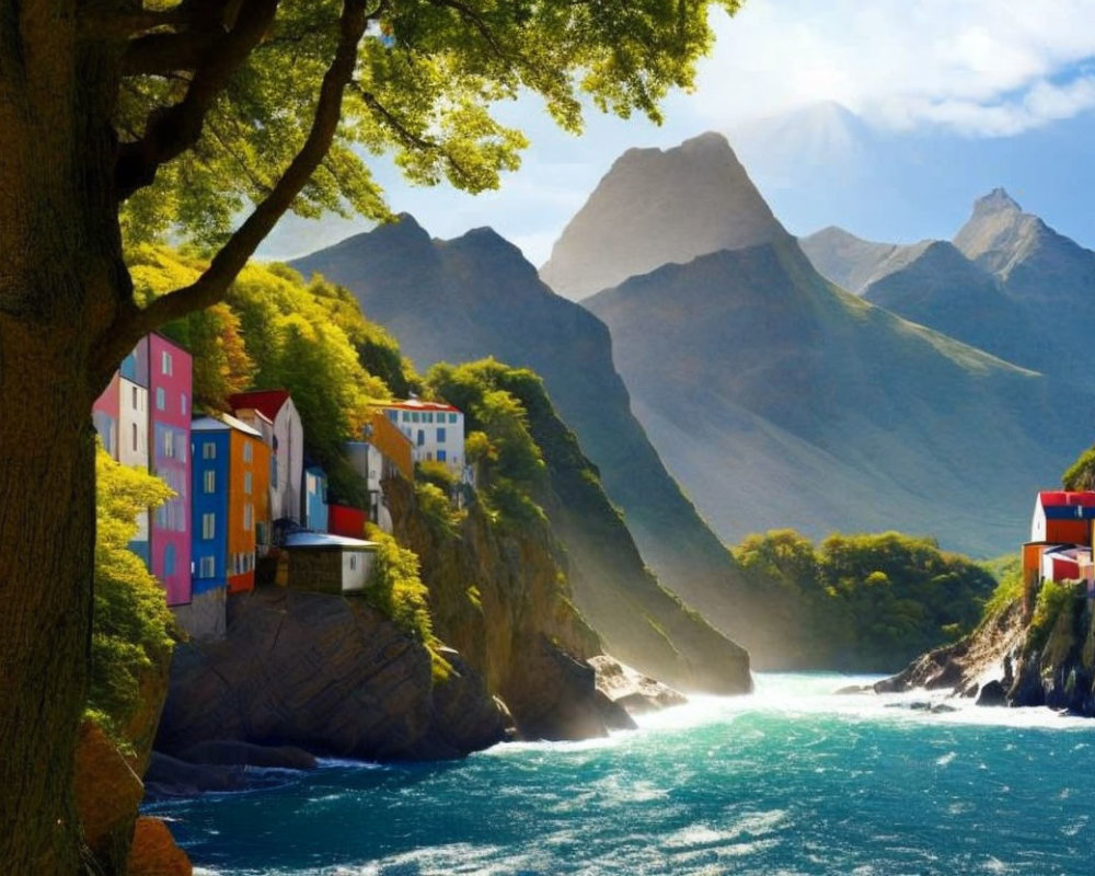 Vibrant seaside cliff with colorful buildings and mountains against clear sky