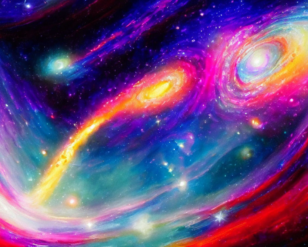 Colorful cosmic digital artwork featuring swirling galaxies and bright stars