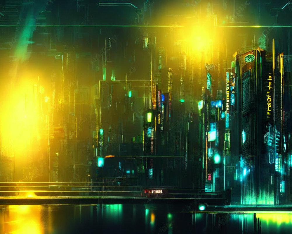 Vibrant neon-lit cyberpunk cityscape with towering skyscrapers at night