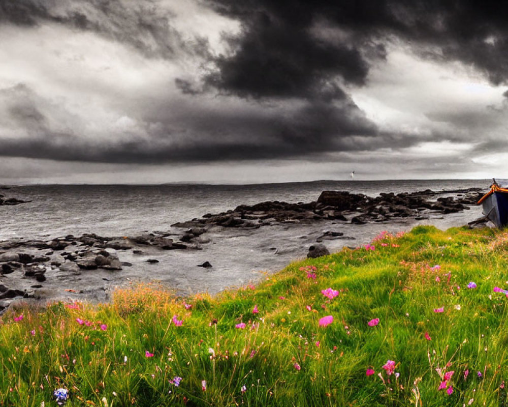 Fishing boat near rocky shoreline under stormy sky with wildflowers.