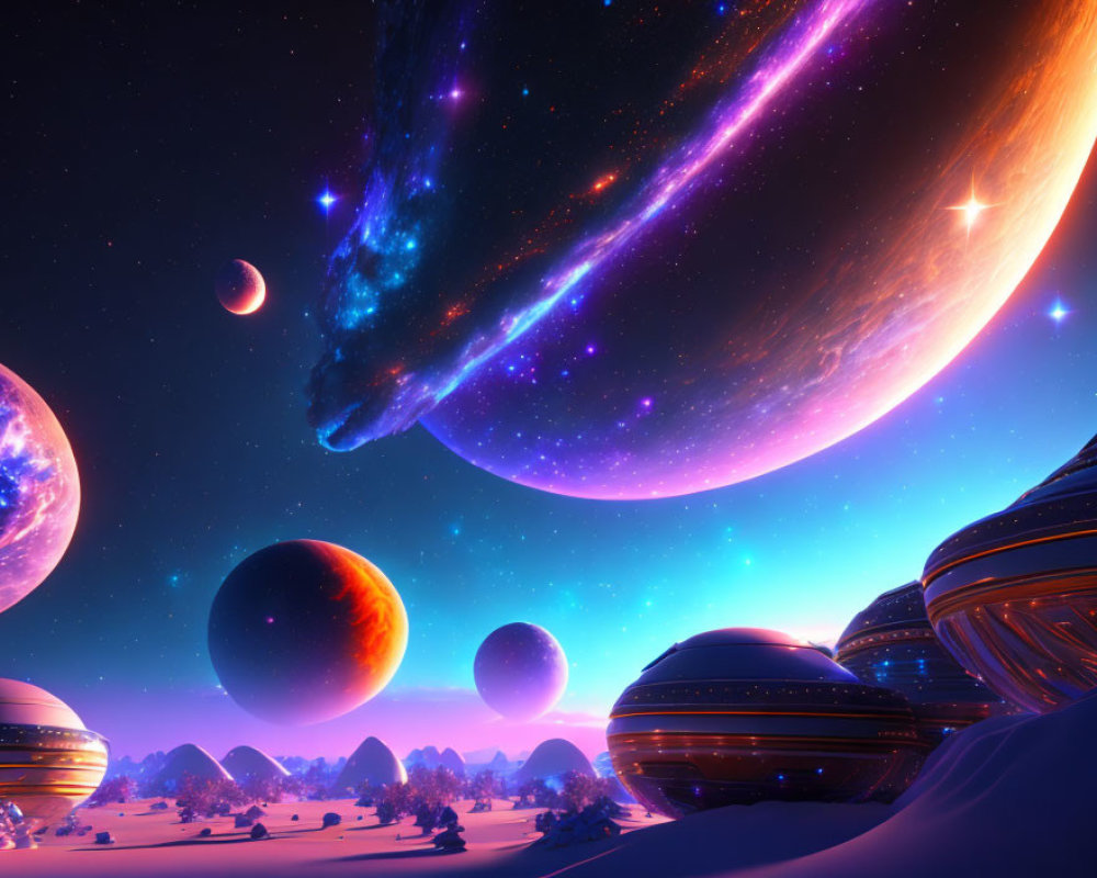 Colorful sci-fi landscape with planets, nebula, shooting stars, and futuristic structures