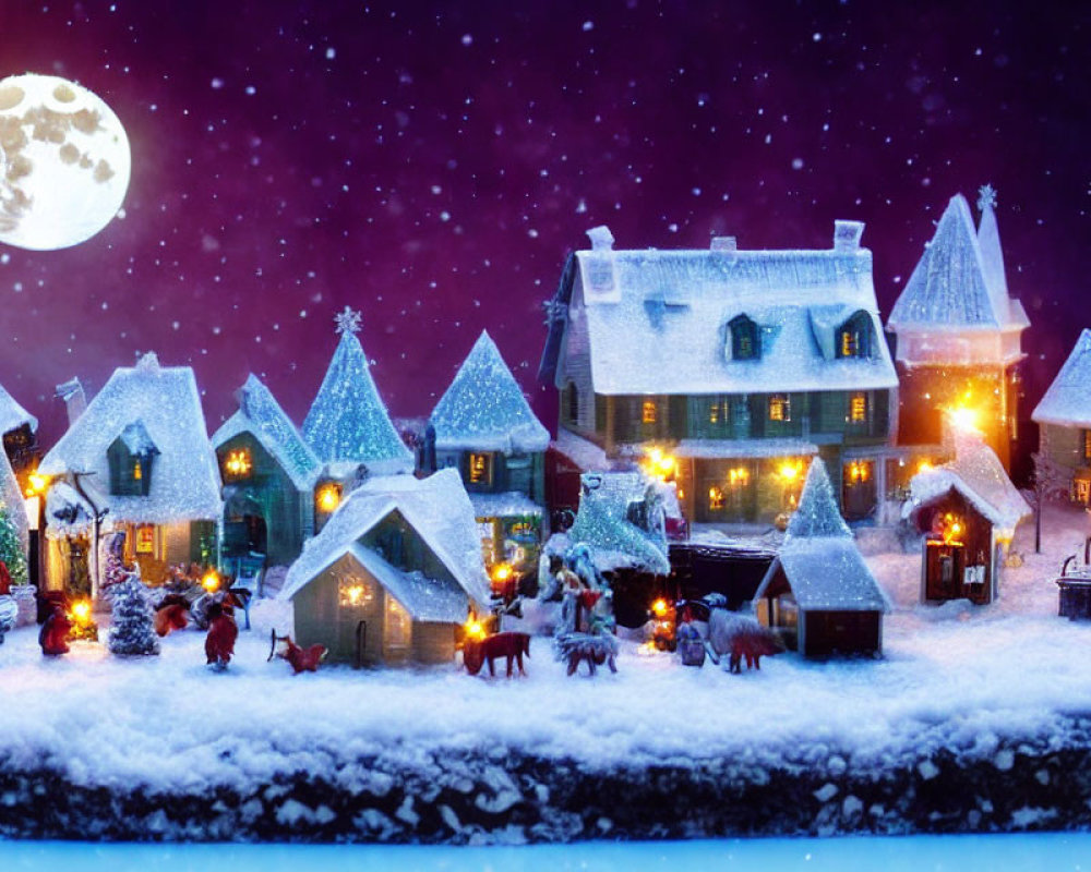 Miniature Snowy Village with Christmas Decor and Full Moon