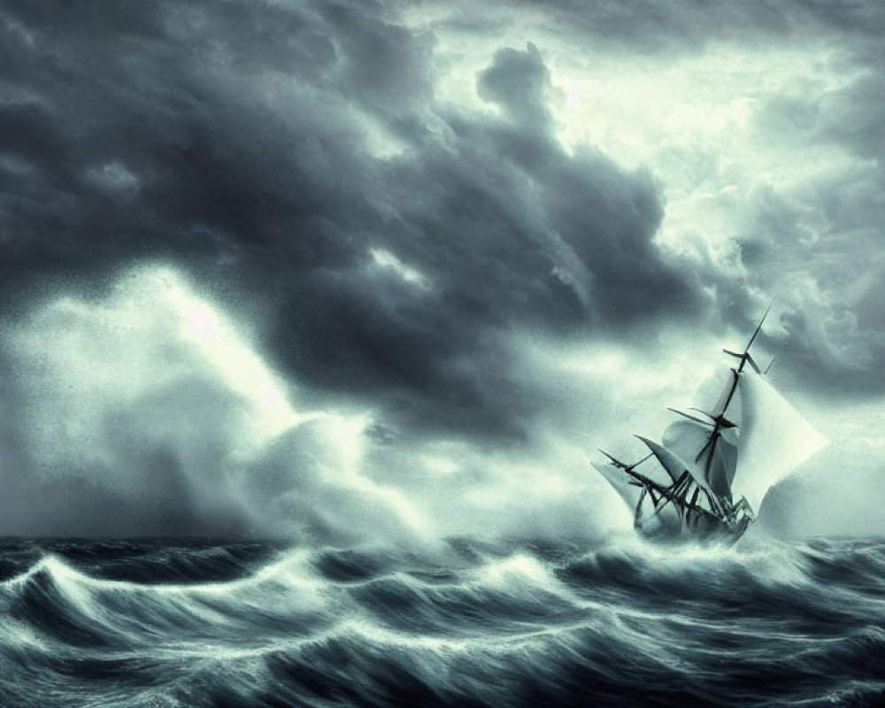 Sailing ship battles stormy seas with large waves and strong winds