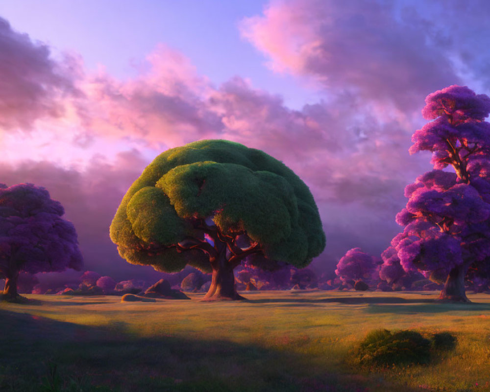 Serene meadow with purple-leafed trees under sunset sky