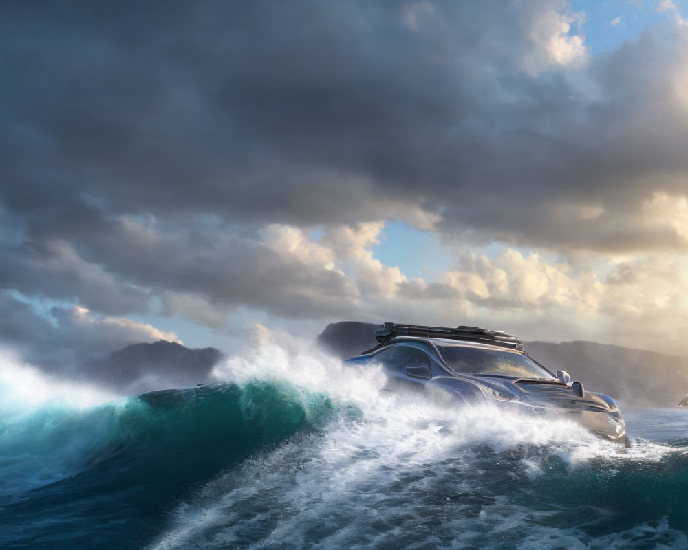 Futuristic car surfing large wave in stormy skies