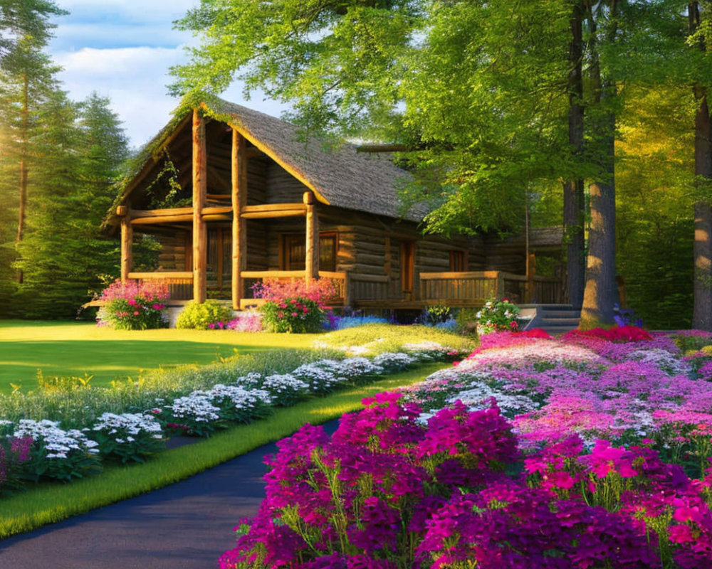 Serene forest clearing with log cabin and vibrant flowers