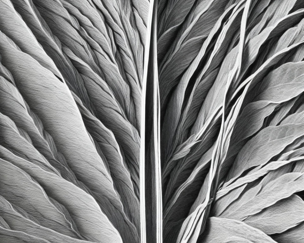 Monochrome close-up of symmetrical pattern resembling textured leaf veins.