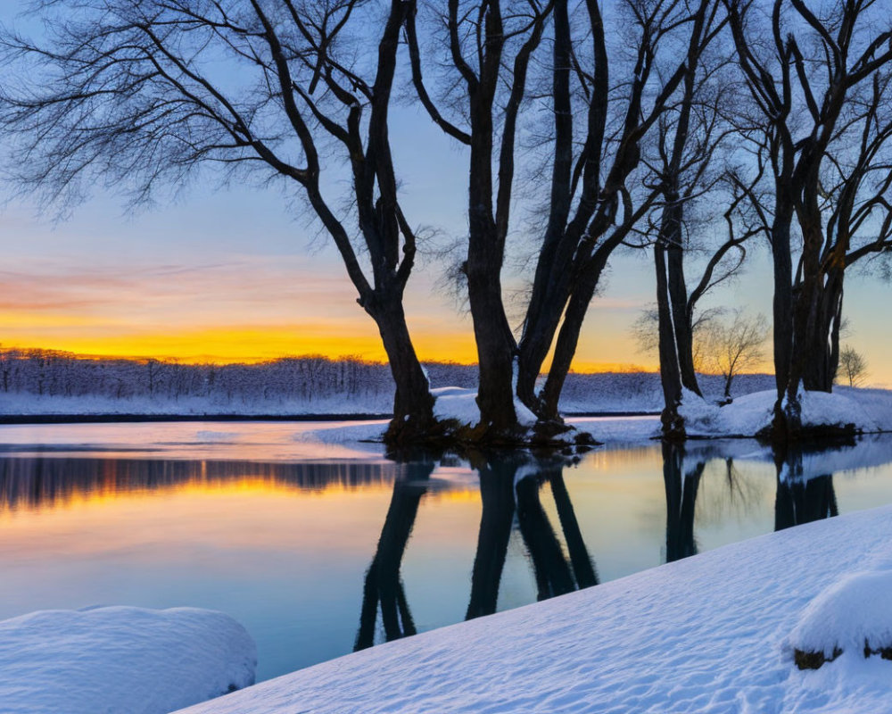 Bare Trees Reflecting on Tranquil River at Winter Dusk