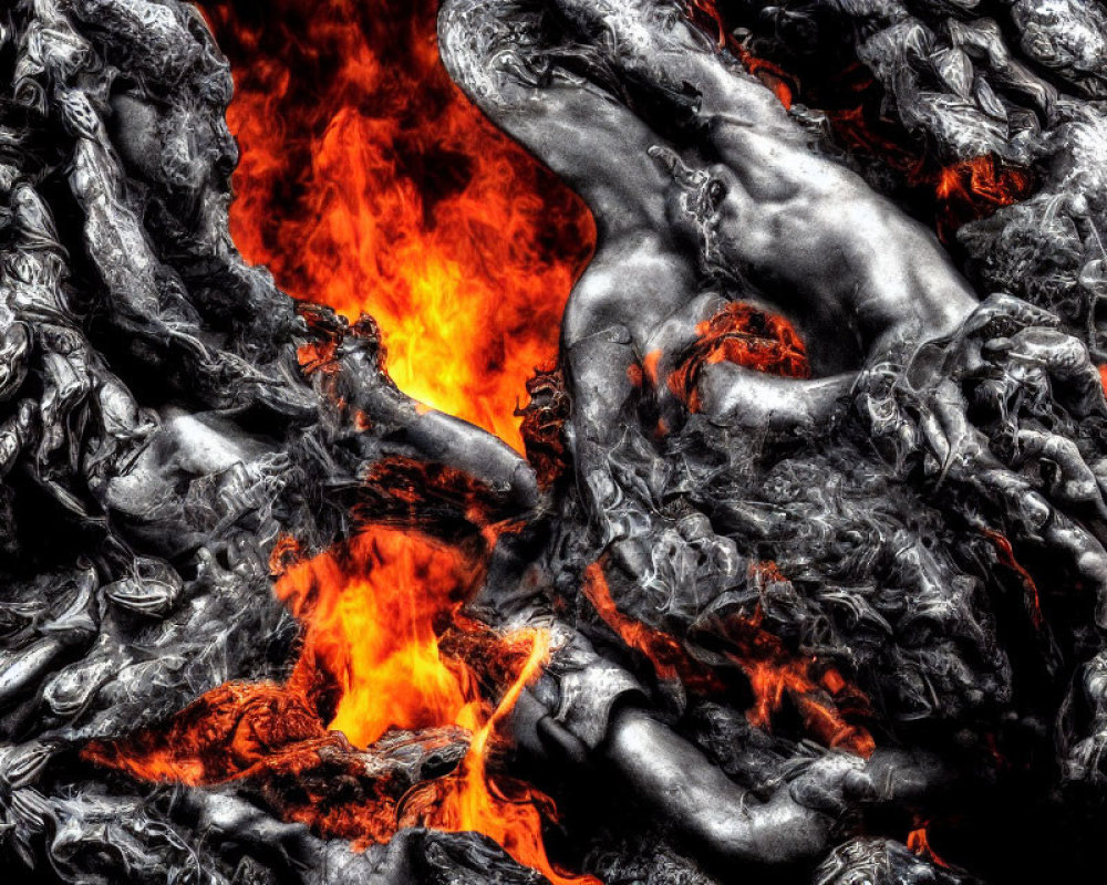 Abstract art: Human forms emerging from fiery embers, suggesting rebirth and intense emotion.