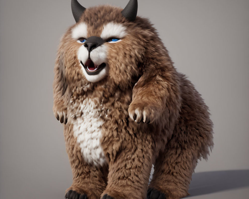 Brown Fluffy Cartoon Creature with Horns and Sharp Claws Smiling