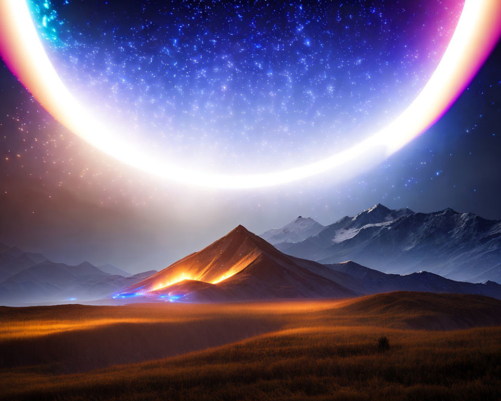 Digital art landscape: Glowing crescent celestial body over snow-capped mountains