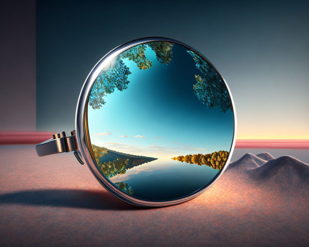 Magnifying Glass Reflects Serene Landscape at Sunset