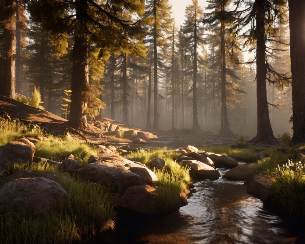 Tranquil forest landscape with sunlight, pine trees, stream, and grass.