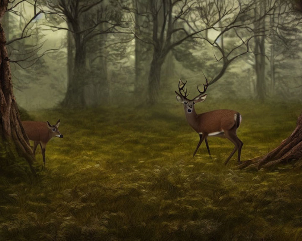 Misty forest scene with two deer among lush greenery