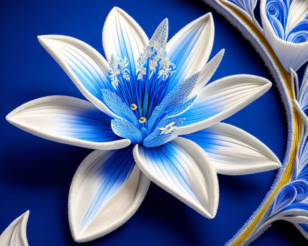 Intricate Paper Quilling Artwork: Blue & White Flower on Deep Blue Background