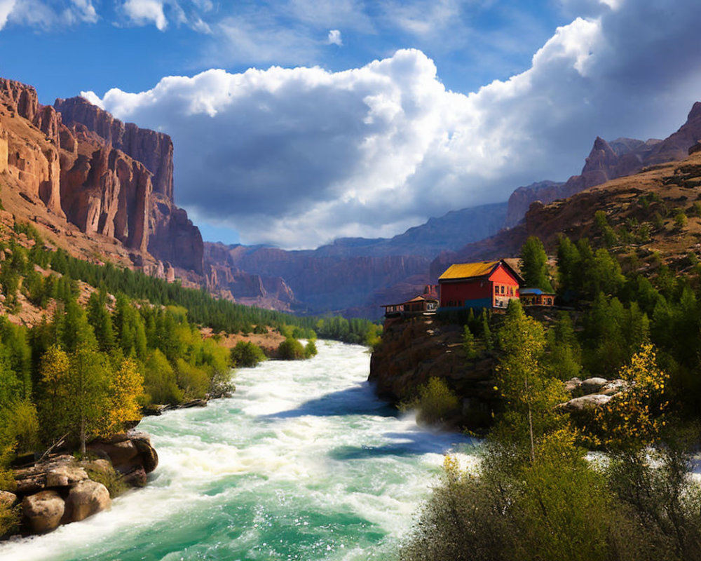 Vibrant river in wooded valley with cliffs and solitary house