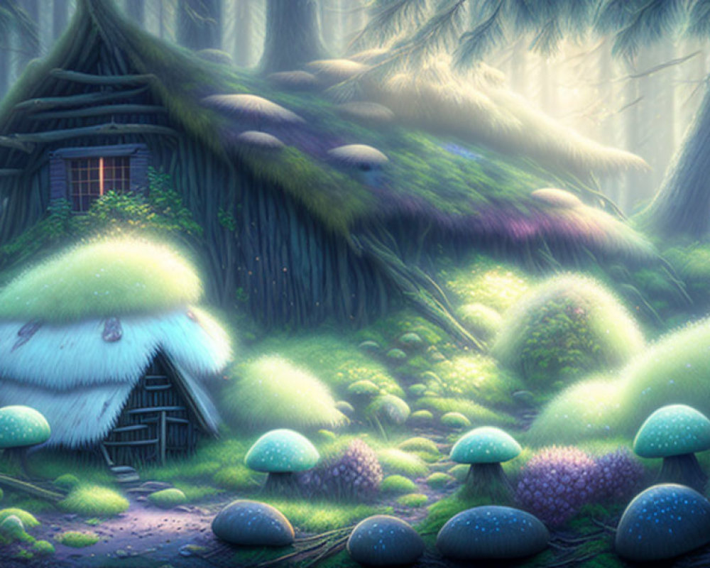 Enchanted forest with oversized mushrooms and moss-covered cottage