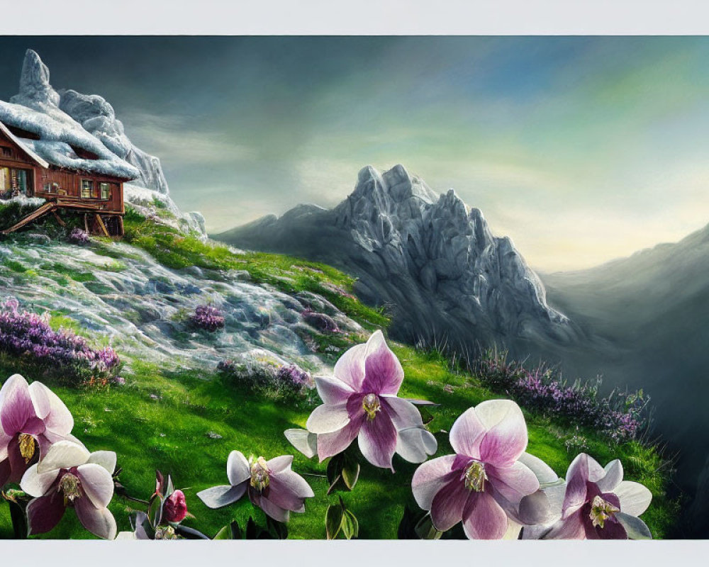 Snow-capped mountainside landscape with cabin, lush greenery, purple flowers, and misty valley