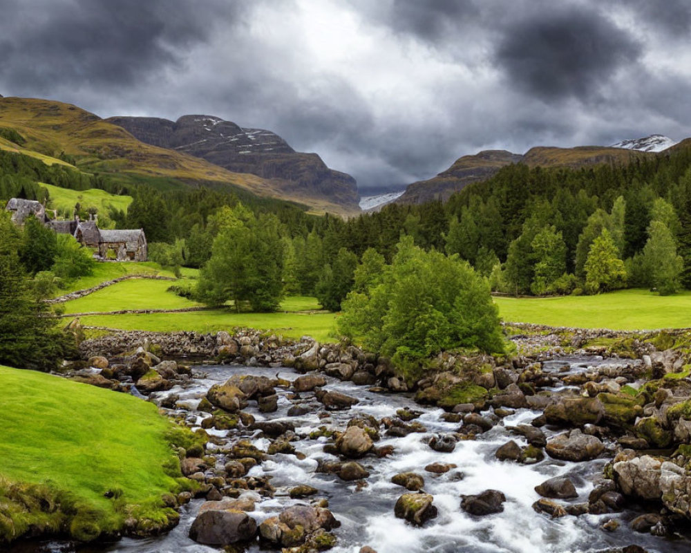 Stone cottages by rocky stream in lush green valley with rolling hills and overcast skies