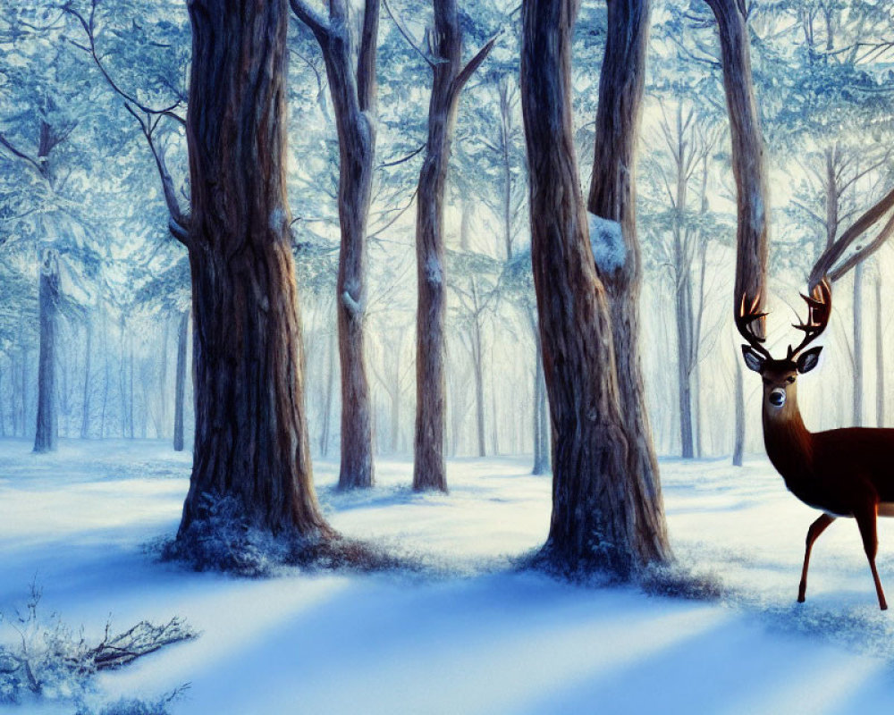 Majestic deer in serene snow-covered forest