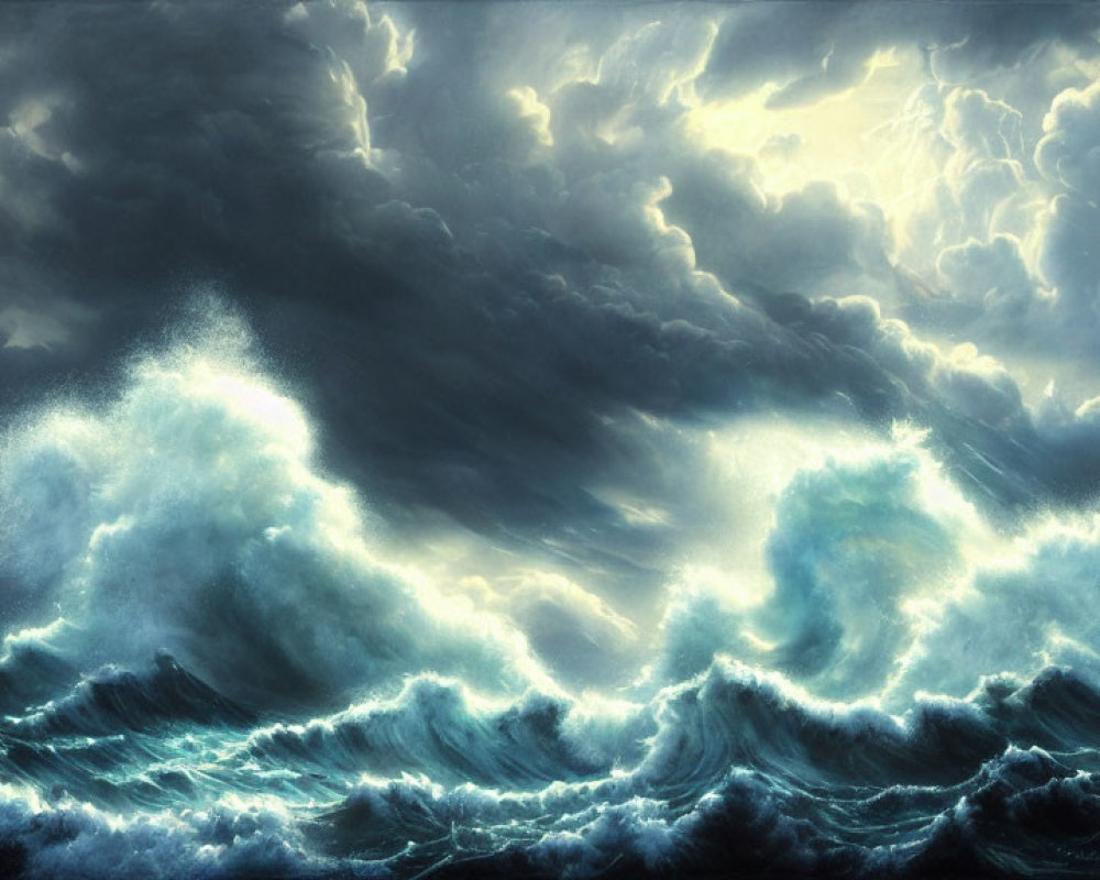 Tumultuous seascape with towering waves under stormy sky