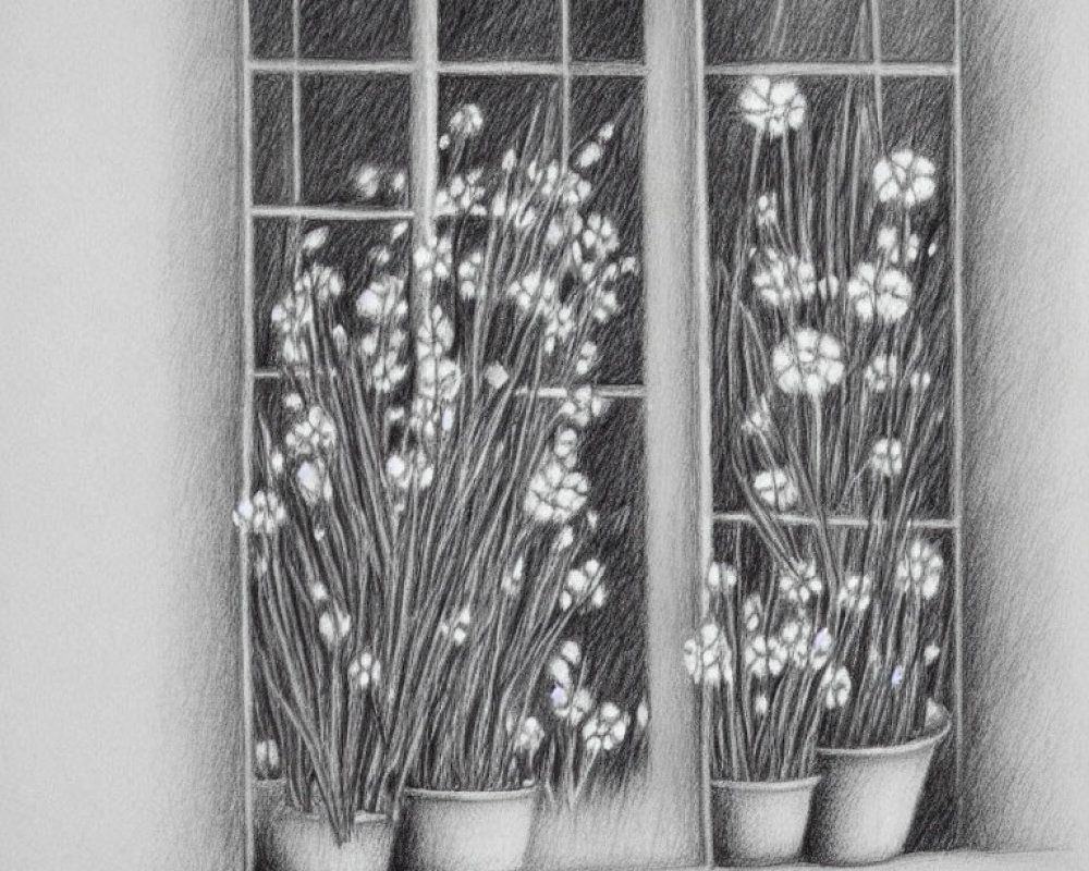 Detailed pencil sketch of two flowerpots with blooming flowers on windowsill.