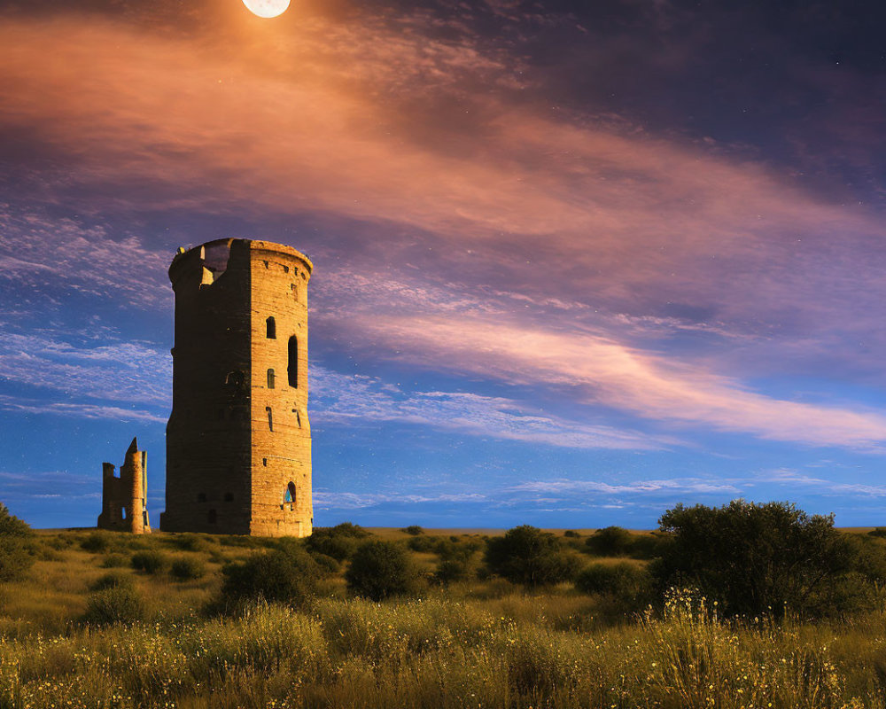 Historic stone tower in grassy field under twilight sky with moon.