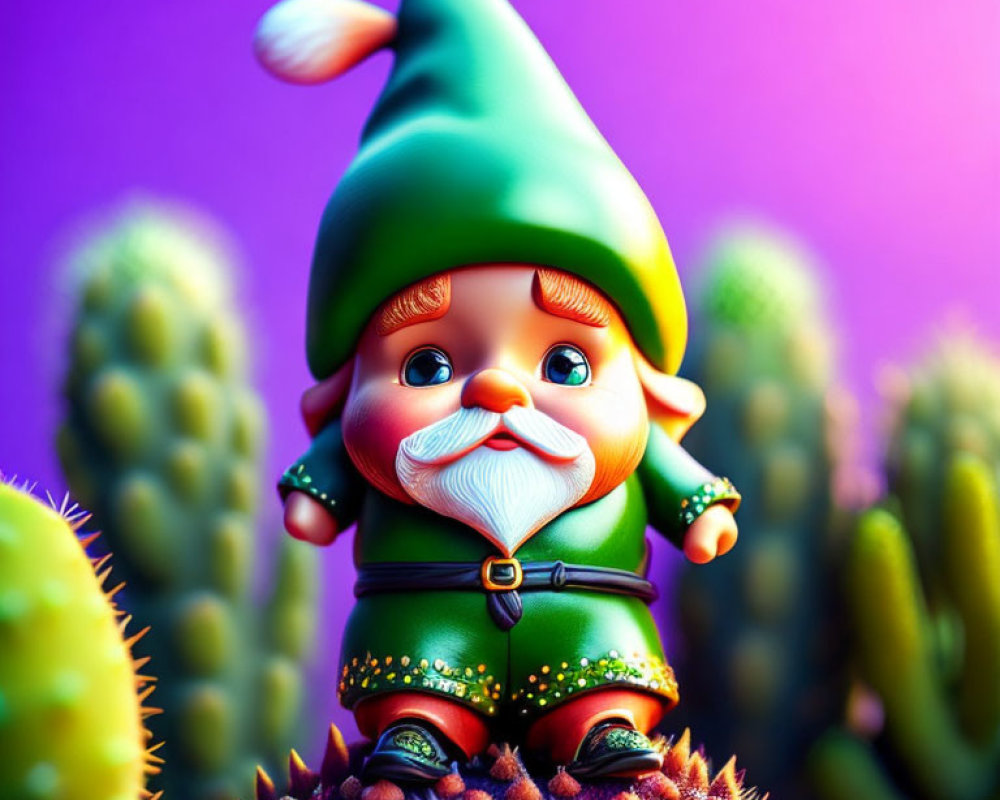 Whimsical garden gnome with green hat in vibrant cactus garden