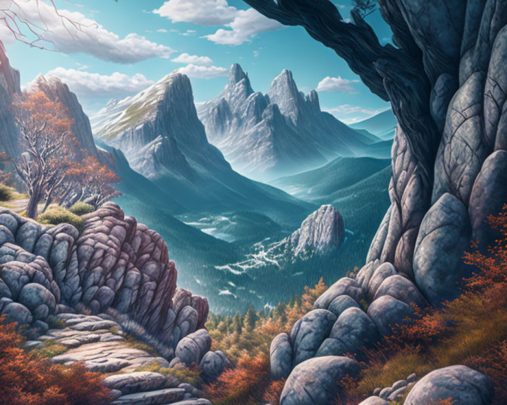 Fantasy Landscape: Stone Path, Forest, Mountains, Blue Sky