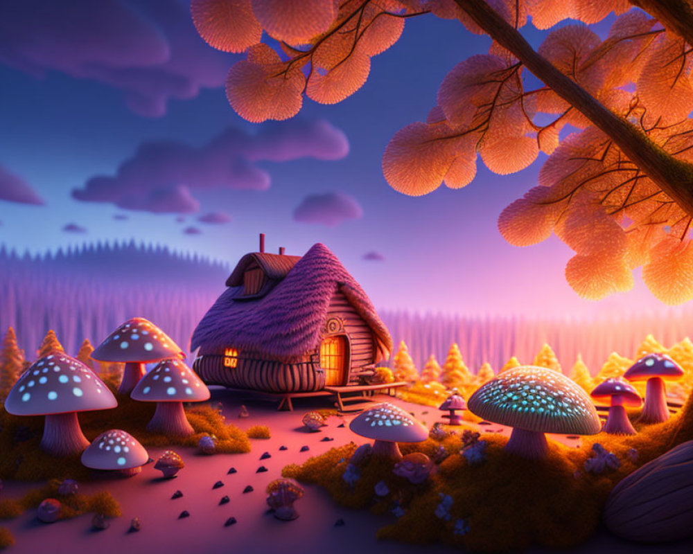 Cozy Thatched-Roof Cottage Among Glowing Mushrooms in Twilight Forest