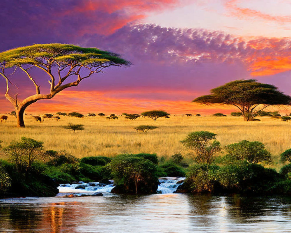 African savanna landscape at sunset with acacia trees, river, purple and orange sky