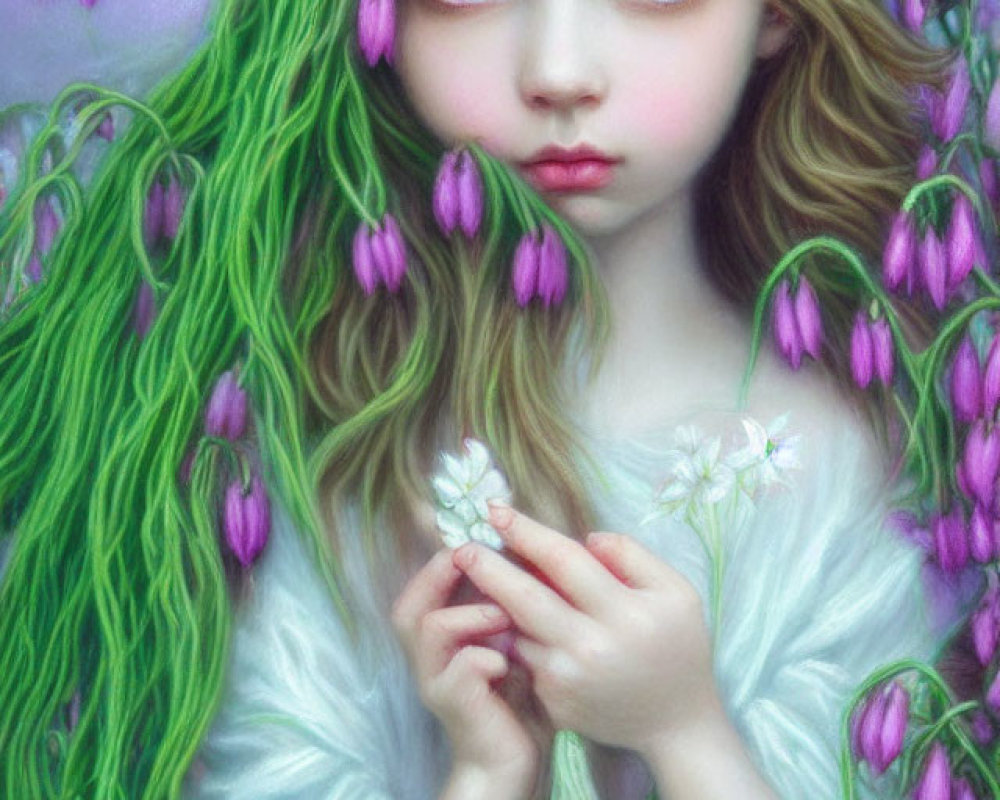 Portrait of a young girl with wavy green hair and purple flowers, holding a blossom on lavender background